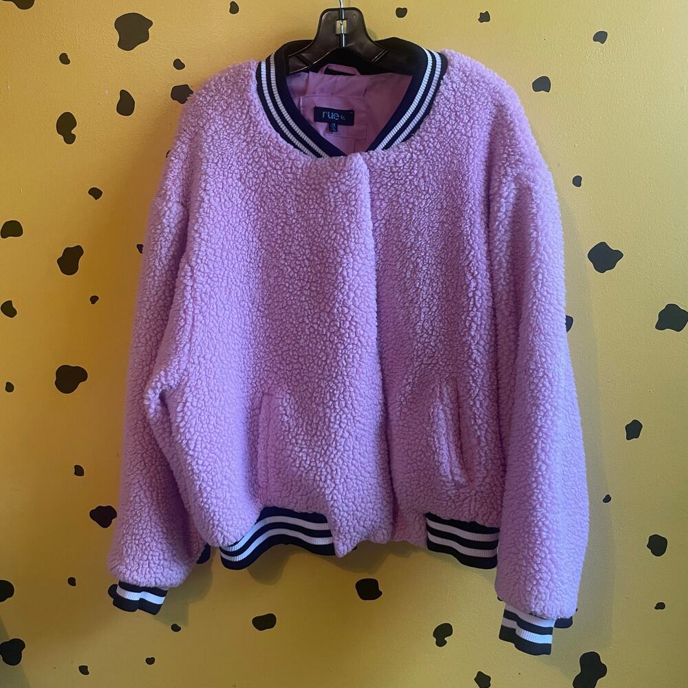 Pink Faux Sherpa Bomber Jacket Size 2X Fluffy Cozycore Y2k Streetwear Baddie